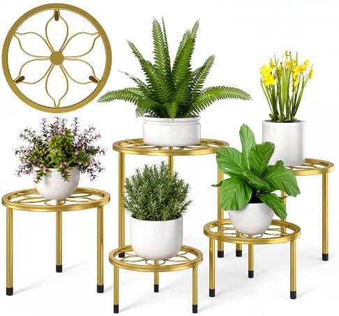 VECELO Metal Plant Stands Set of 5, Multiple Heavy Duty Flower Pot Stand, Round Plant Holder, Gold by VECELO