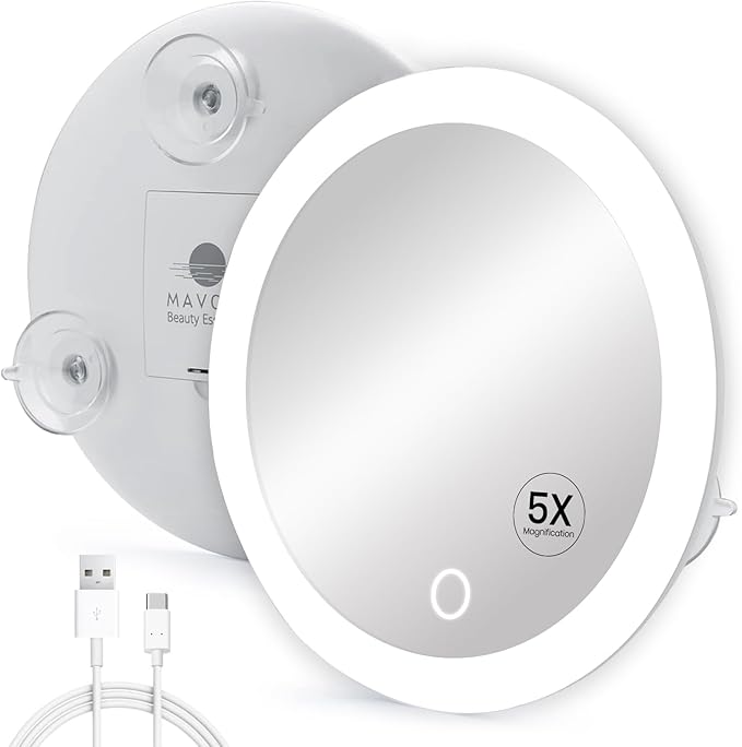 Mavoro 6.8" LED Magnifying Mirror with 3 Strong Suction Cups | 5X Magnification | Portable Lighted Travel Makeup & Cosmetic Mirror with Light (USB-C Rechargeable Built-in Battery | 5X)