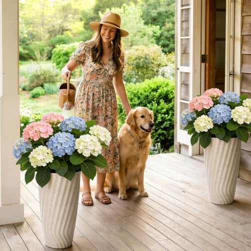 24" Resin Tall Outdoor Planters, Vintage Ivory Wavy Flower Pots - Image 3