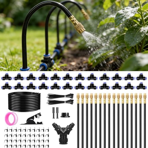 100FT 1/4" Drip Irrigation System, 2026 Upgrade Garden Irrigation Kit with 24pcs 360° Adjustable Copper Nozzles, DIY Watering System for Raised Beds, Yard, Lawn, Vegetable Gardens (100 ft) by FocusonStarlinkaccessories