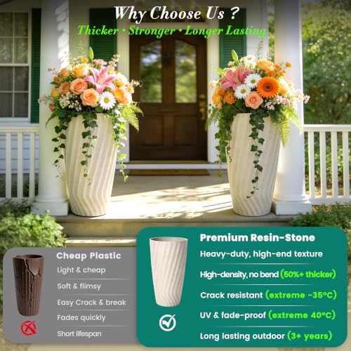 24" Resin Tall Outdoor Planters, Vintage Ivory Wavy Flower Pots - Image 2