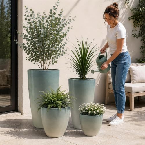 ZMTECH 24/21/12/10 Inch Charcoal Gray Green Gloss Planter Set, 4 Pack Large Outdoor Planters with Drainage Holes & Saucers, Glossy Smooth Lightweight Plastic Plant Pots for Indoor Patio Garden Décor - Image 3