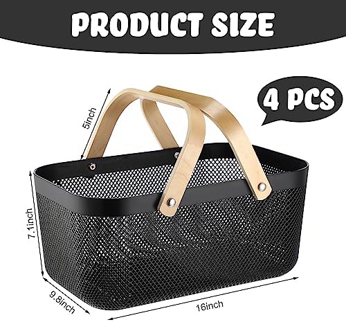 Sadnyy 4 Pcs Plastic Mesh Garden Harvest Basket Storage Basket with Wooden Handle Multi Functional Mesh Bin for Kitchen Cabinet Picnic Fruit Vegetable Gathering Organizer(Large,Black) - Image 3
