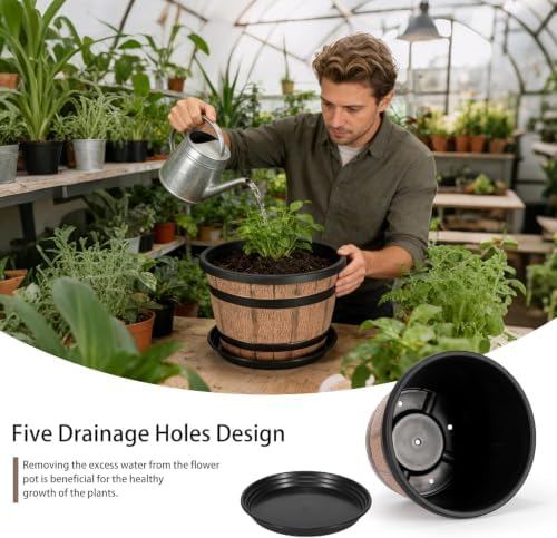 10 Inch Whiskey Barrel Planters with Drainage Holes & Saucer, 5 Pack Plastic Plant Pots with Wine Barrel Design, Flower Pots for Indoor Outdoor Balcony - Image 3