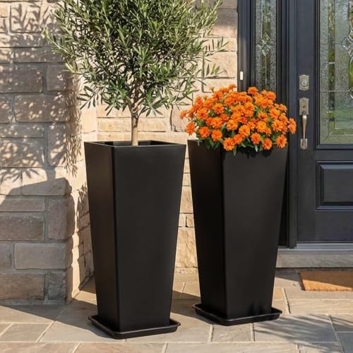 PASAMIC 30 Inch Outdoor Planters Set of 2, Large Tall Planters with Drainage Holes, Weather Resistant Flower Pots for Indoor & Outdoor Plants, Front Porch, Patio, Balcony, Garden, Black by PASAMIC