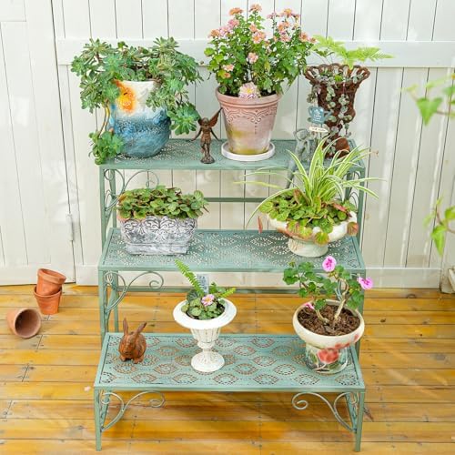 Sungmor Metal Plant Stand - 3 Tier Foldable Ladder Planters Display Shelf - Multiple Plants Flower Pots Vases Storage Organizer - Indoor Outdoor Multi Tiered Plant Rack for Garden Balcony Yard by Sungmor