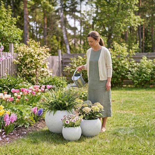 DTY Premium Mt Sherman Fiberstone Sphere Planter for Indoor Outdoor Use, Round Pot for Olive Tree, Lightweight, Smooth Finishes. 2 Coco Mats. Ribbed White, Medium 16.1'' D x 13.6'' H 11.8” Pot Opening - Image 6