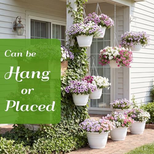 10 Pack 11 Inch Plastic Hanging Planter Bulk White Hanging Baskets for Plants with Drainage Trays Self Watering Plant Pot Outdoor Indoor Planter for Garden, Balcony, Porch, Patio Decor - Image 4