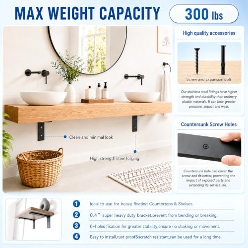 WINKER Countertop Support Bracket 6 Pack Heavy Duty 3/8" Thick Hidden L Shelf Bracket 10" x 6" x 2.5" Metal Corbels for Quartz/Granite/Wood/Concrete/Laminate Countertops, Black - Image 3