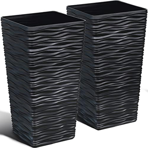 Worth Garden 2-Pack Black Tall Planter - Plastic Square Tapered Tree Plant Pots with Drainage Hole for Indoor Outdoor - 22" H Modern Wavy Finish Decorative Flower Pots for Front Porch Patio Deck by WORTH