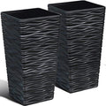 Worth Garden 2-Pack Black Tall Planter - Plastic Square Tapered Tree Plant Pots with Drainage Hole for Indoor Outdoor - 22" H Modern Wavy Finish Decorative Flower Pots for Front Porch Patio Deck by WORTH