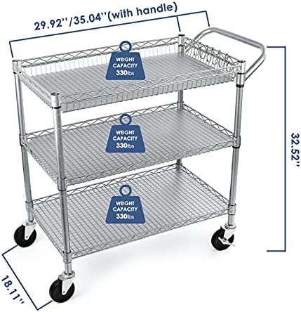 WDT Heavy Duty 3 Tier Utility Cart,Wire Rolling Carts with Wheels, Commercial Grade Service Cart with Shelving Liners and Handle Bar Metal Carts for Kitchen Office Hardware - Image 4