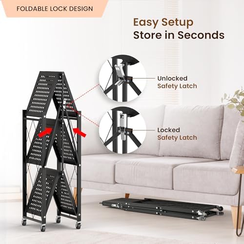 Our Modern Space 3-Tier Foldable Storage Shelf with Wheels | Metal Rack Collapsible Shelving Display | Rolling Cart for Books Kitchen Storage Shelves | Pantry & Closet Organizer | Office Room Decor - Image 4