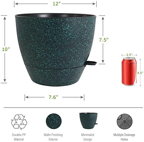 12inch 2Pack Large Self Watering Planters, Plastic Plant Pots with 60oZ Removable Deep Reservoir and Multi Mesh Drainage Holes for Indoor Outdoor Garden Plants and Flowers, Black with Green Speckles - Image 2