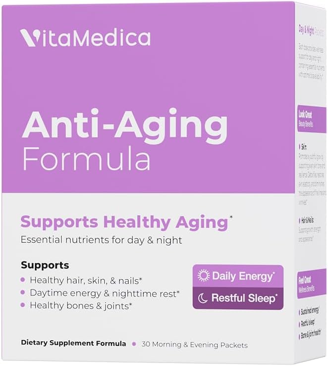VitaMedica Anti-Aging Formula AM/PM Multivitamin Packets for Women & Men – Supports Radiant Skin, Hair & Nails, Daytime Energy + Nighttime Recovery – 30 Packs