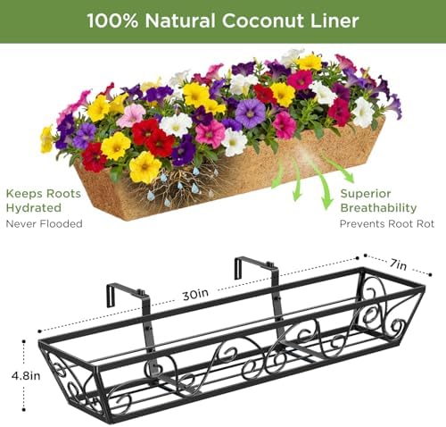 Y&M 30 Inch Butterfly Window Box Planter. Railing Planters for Outdoor Plants, Over the Railing Planter Boxes & Wall Mount, Rust-Resistant Steel with Coco Coir Liner for Balcony, Deck - 2 PCS - Image 3