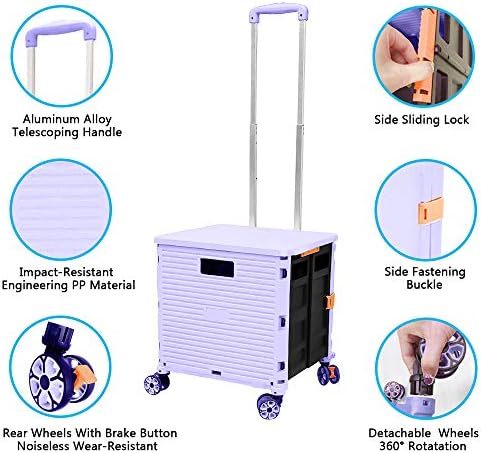 FELICON SELORSS Foldable Utility Cart Folding Portable Rolling Crate-Purple - Image 2