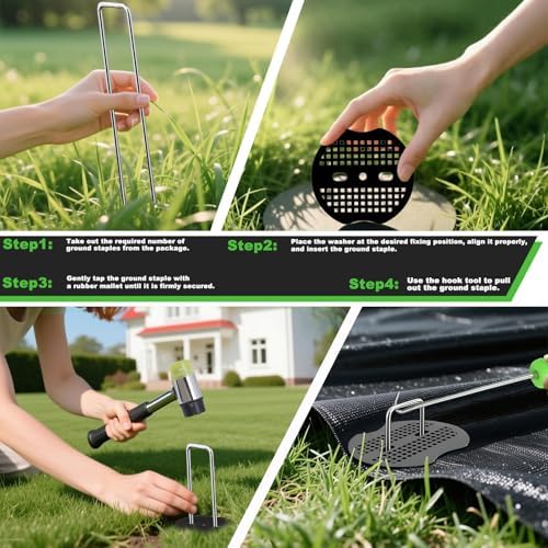 6 Inch Landscape Staples Set, 11 Gauge Galvanized U-Shaped Garden Stakes (200 Pack) with 200 Gaskets, Hook Tool & Rubber Mallet for Weed Fabric & Landscaping - Image 7