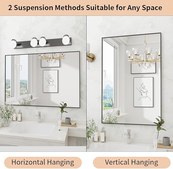 Koonmi Black Mirrors for Wall, 30x36 Inch Bathroom Mirror, Rectangular Wall Mirror for Living Room Bedroom Bathroom, Hangs Horizontally or Vertically