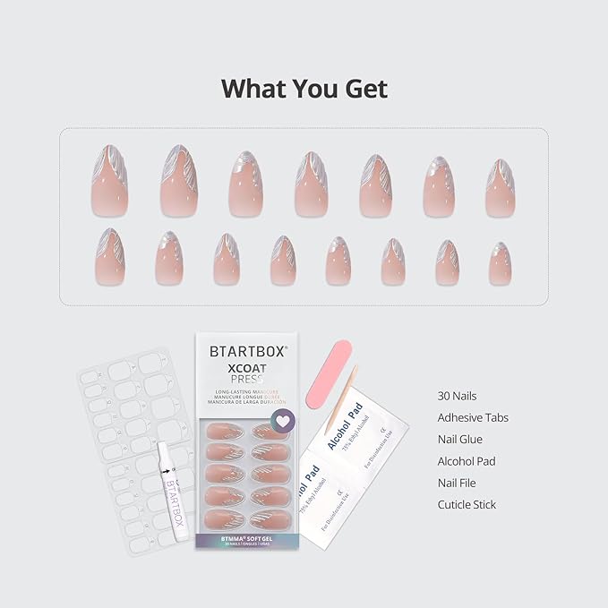 BTArtbox French Tip Press On Nails - Lamp-Curable 3D Sculpting Medium Almond Press On Nails with Glue for Women, Semi-Transparent Soft Gel Glue On Nails in 15 Sizes - 30 Stick On Nails Kit, Starlet