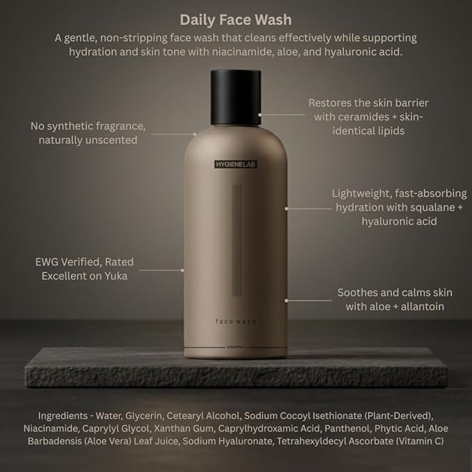 HygieneLab Face Wash – EWG Verified, Gentle & Hydrating Cleanser with Aloe, Niacinamide & Vitamin C, Removes Dirt Without Stripping Skin (5 fl oz)