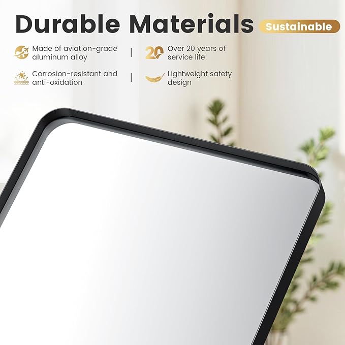 Black Bathroom Mirror for Wall, 24" x 30" Metal Framed Mirror, Rounded Rectangle Bathroom Mirrors, Black Bathroom Mirrors for Over Sink,Tempered Glass, Anti-Rust