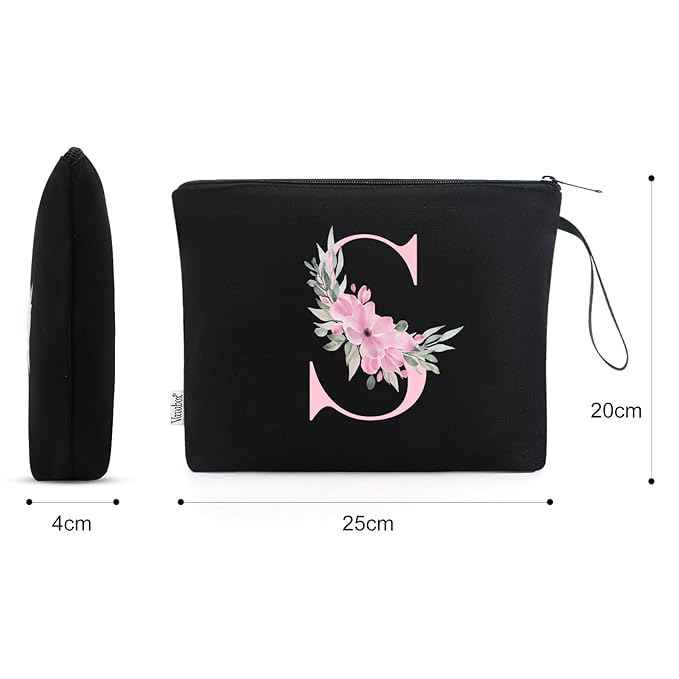 Vavabox A-Z Personalized Makeup Bag, Birthday Gifts for Women Mom, Gifts for Best Friend, Bride Bridesmaid Cosmetic bag (S, Black)