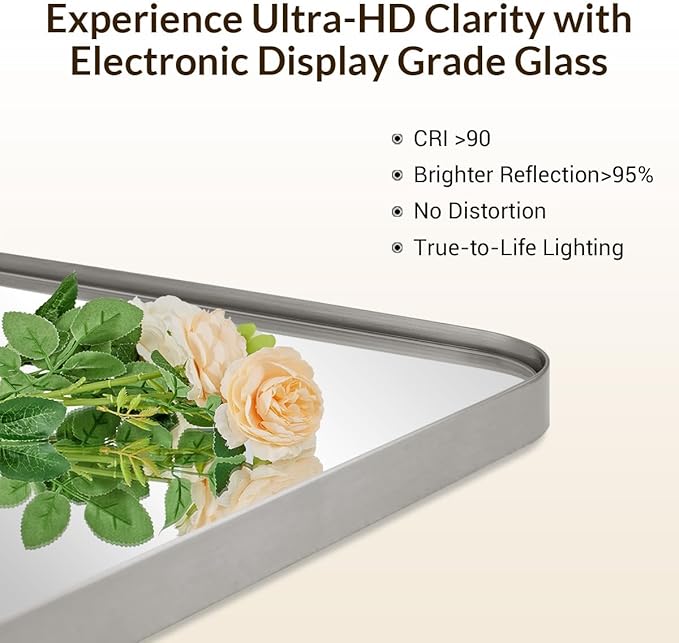 ANDY STAR Brushed Nickel Bathroom Mirror, 24”x40” Rounded Corner Rectangle Mirror, Modern Metal Frame Bathroom Vanity Mirror