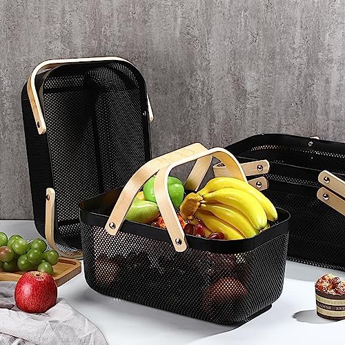 Sadnyy 4 Pcs Plastic Mesh Garden Harvest Basket Storage Basket with Wooden Handle Multi Functional Mesh Bin for Kitchen Cabinet Picnic Fruit Vegetable Gathering Organizer(Large,Black) - Image 2