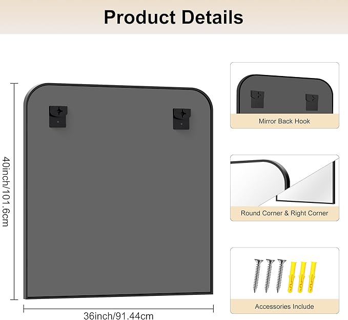 Bathroom Mirror, 36x40 inch Large Black Rectangle Wall Mounted Mirror with Thin Frame, Bathroom Vanity Mirrors for Over Sink, Entryway, Living Room, Bedroom