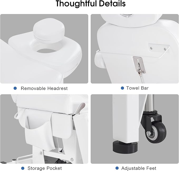 BarberPub Fully Electric Beauty Bed, 3-Motor Salon Spa Chair with Foot-Controlled Wheels, Adjustable Height, Backrest & Leg Rest – PVC Leather, Professional Facial & Treatment Table 2754 (White)