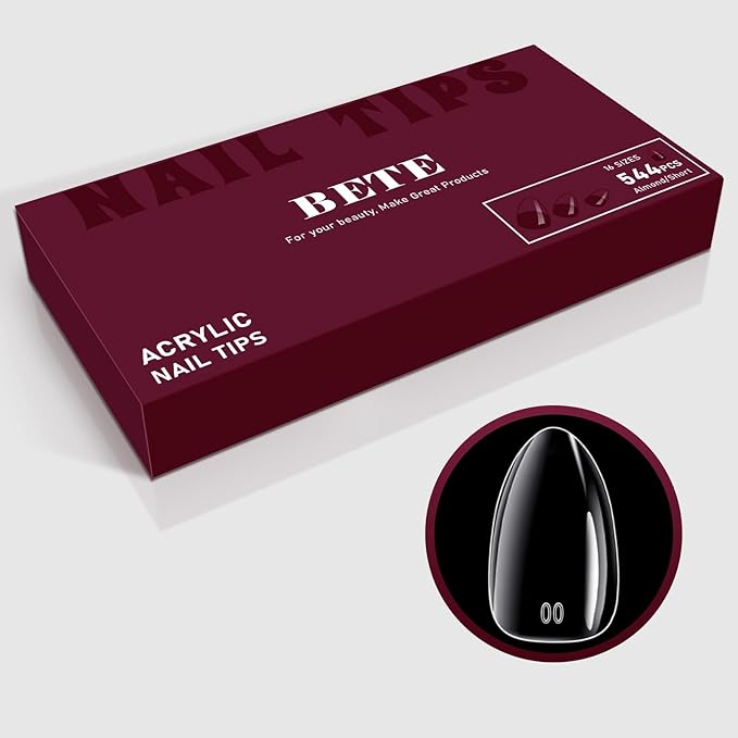 BETE Short Almond Nail Tips, 544Pcs 16 Sizes, Clear Acrylic Full Cover False Nails, Pre-Shaped, Strong & Thicker, Long Lasting Press on Nails for DIY at Home & Salon