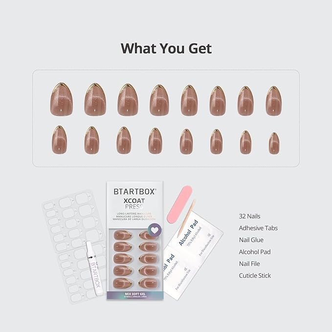 BTArtbox Press On Nails Short - Gold Drops, Lamp-Curable Gold French Tip Cat Eye Almond Press On Nails with Glue and Adhesive Tabs for Women in 16 Sizes - 32 Soft Gel Glue On Nails Kit