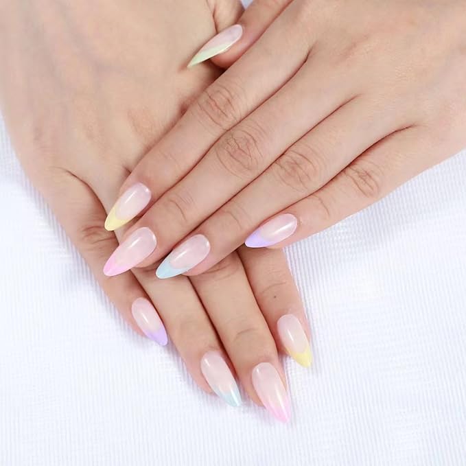 Rnker French Tip U Shape Press On Nails - Five colors Almond Top gel Nails with Bright Finish, 15 Sizes - 30 Nail Kit with Glue