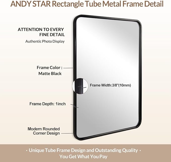 ANDY STAR 40X36 Inch Black Bathroom Mirror, Black Bathroom Vanity Mirrors for Wall, Rounded Rectangle Mirror for Bathroom, Seamless Tube Metal Frame, 1’’ Deep Wall Mounted Vertical/Horizontal