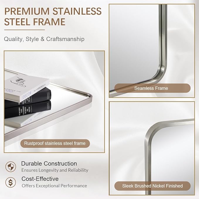 ANDY STAR Brushed Nickel Bathroom Mirror, 24x36’’ Rounded Rectangle Mirror Modern Silver Vanity Mirror SUS304 Metal Tube Frame(Rustproof) 1’’ Deep Wall Mounted Vertically/Horizontally