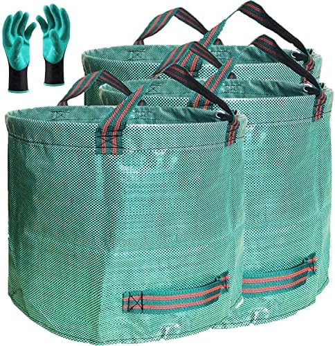 Professional 3-Pack 137 Gallon Extra Large Lawn Garden Bags (D34,H34 in) Reusable Yard Waste Bags with Gardening Gloves for Big Leaf Bag,Lawn Weeds,Grass Clippings Bag,Yard Debris Containers 4 Handles by TespherCreationsforGardeningYardWorkandLawnsCareOutdoorActivitiesRVCampingTrips
