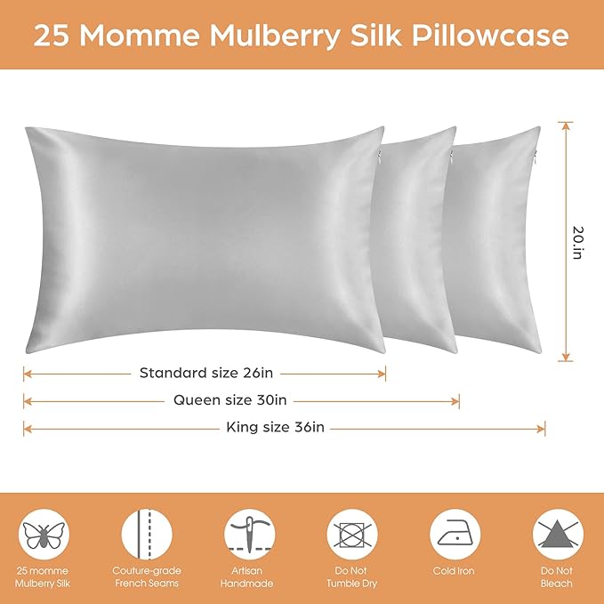 Silk Pillowcase for Hair and Skin, 2 Pack 100% Mulberry Silk Pillowcase 25 Momme, 600 Thread Count, Both Side Pure Silk Pillow Cover with Hidden Zipper (Gray, Standard 20''×26'')