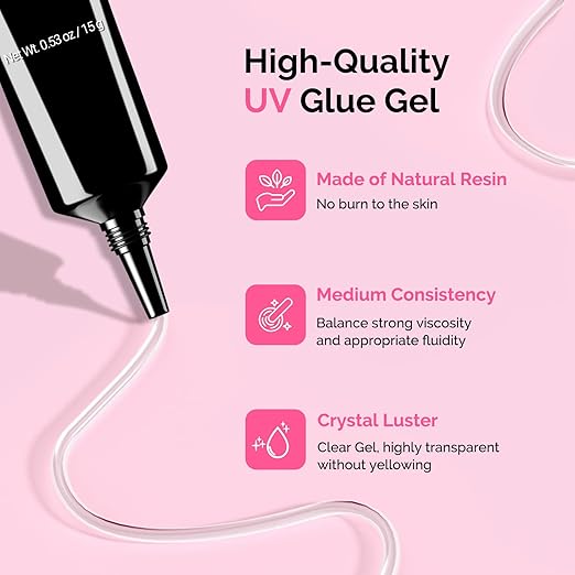 MelodySusie 2Pcs Nail Rhinestone Glue for Nails Super Strong Gel for Nail Charms Gems 3D Nail Gel UV Nail Glue for Nail Art Design Nail Chrome Powder