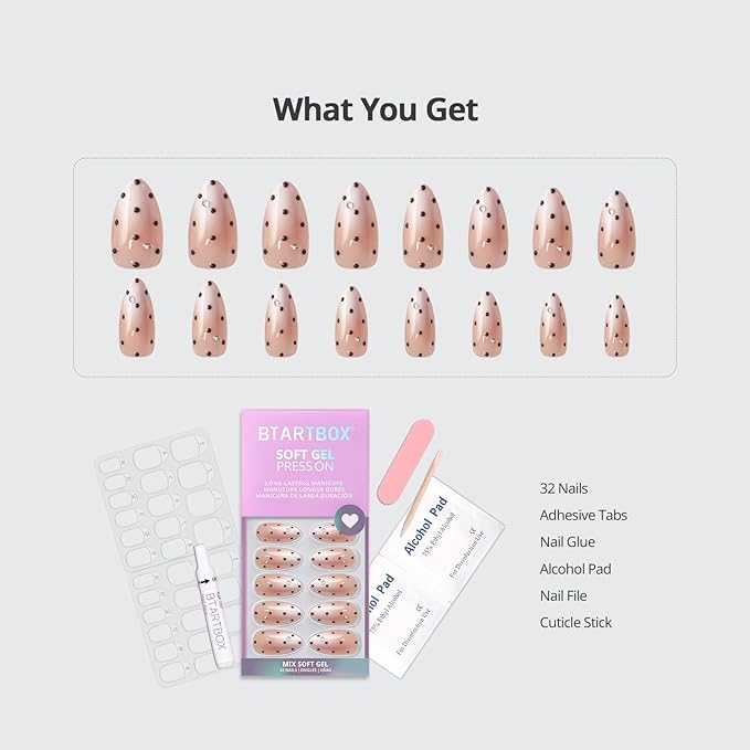 BTArtbox Press On Nails Almond - Gala Polka, 3D Polka Dot Ombre Medium Press On Nails with Glue and Adhesive Tabs for Women in 16 Sizes - 32 Soft Gel Glue On Nails Kit