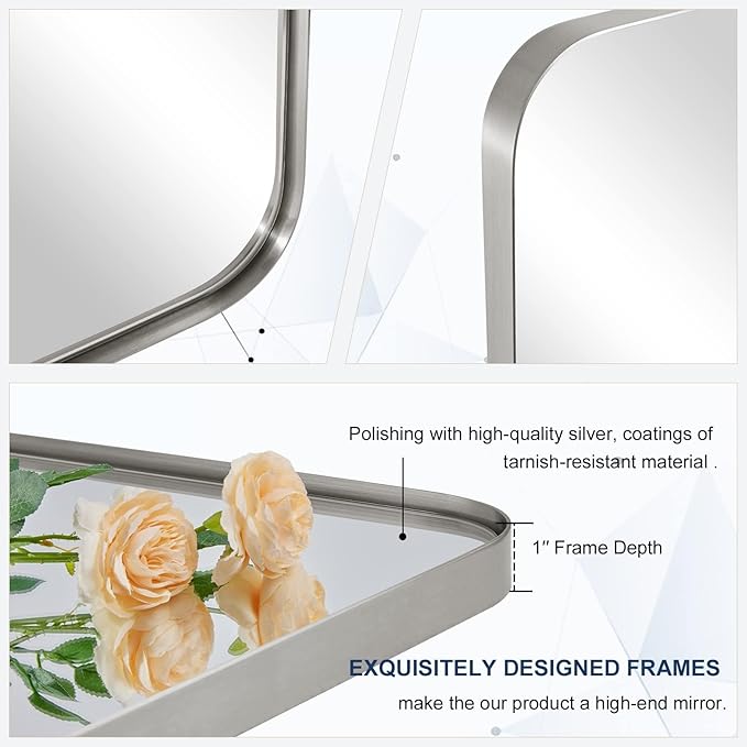 ANDY STAR Wall Mirror Brushed Nickel for Bathroom, 30x36 Rounded Rectangle Mirror with Stainless Steel Silver Metal Frame, Modern Bathroom Vanity Mirror