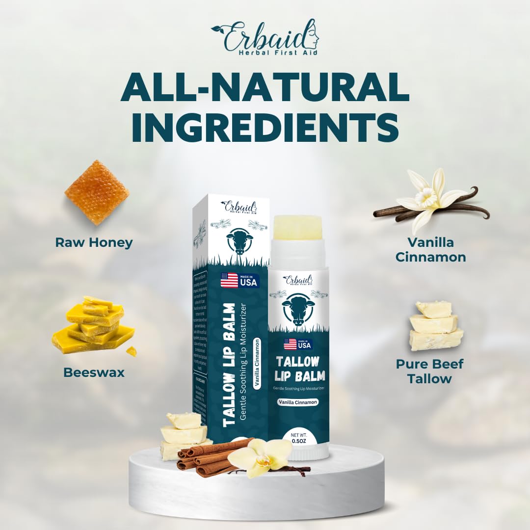 Beef Tallow Lip Balm – Natural Tallow Beeswax Chapstick – Hydrating Moisturizer Grass Fed Bison Tallow Balm Lip Care – Soothes Chapped, Dry Lips, Sensitive Skin – Long Lasting & Vitamin Rich USA-Made