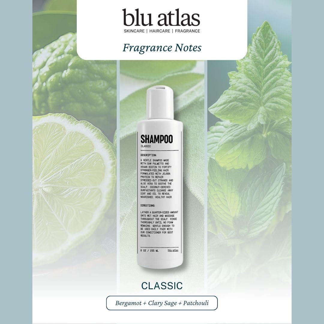 Blu Atlas Men's Natural Shampoo – Organic, Sulfate-Free, Paraben-Free – Deep Cleansing & Hydrating – Classic Scent (Bergamot, Sage, Patchouli) – Made in America– 8 oz