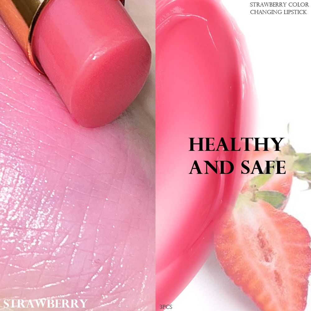 evpct 3Pcs Magic Color Changing Lipstick Long Lasting Waterproof 24 Hours Original for Women, Peach Strawberry Blueberry Pink PH Mood Permanent Color Changing Lipstick Lip Balm Gloss, labial magico