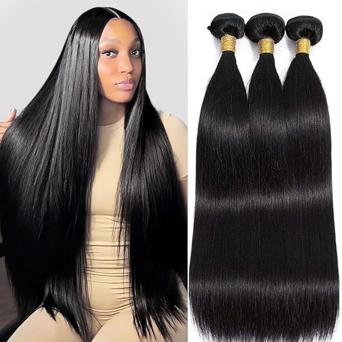Straight Bundles Human Hair 24 26 28 Inch 12A Brazilian 3 Bundles Deals Human Hair 100% Unprocessed Virgin Remy Hair for Black Women Natural Black Color Hair Extensions