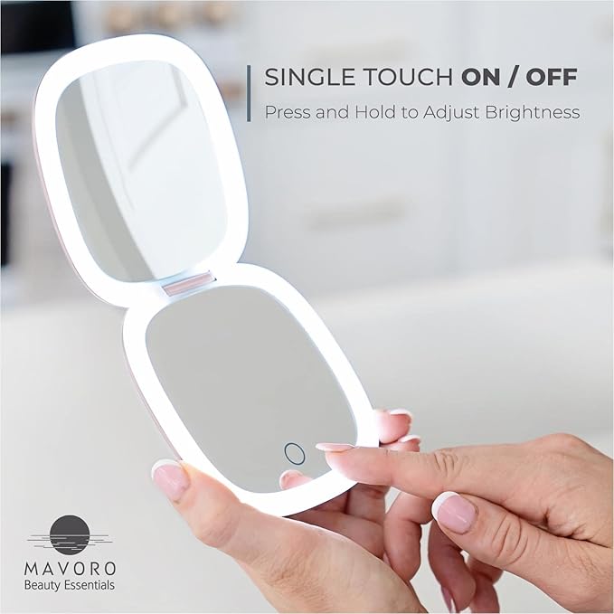 Mavoro LED Lighted Travel Makeup Mirror | 1x/10x Magnification | Rechargeable USB-C | Pocket & Purse Portable Lighted Travel Makeup Compact Mirror, Touch Sensor (Heavenly Pink)
