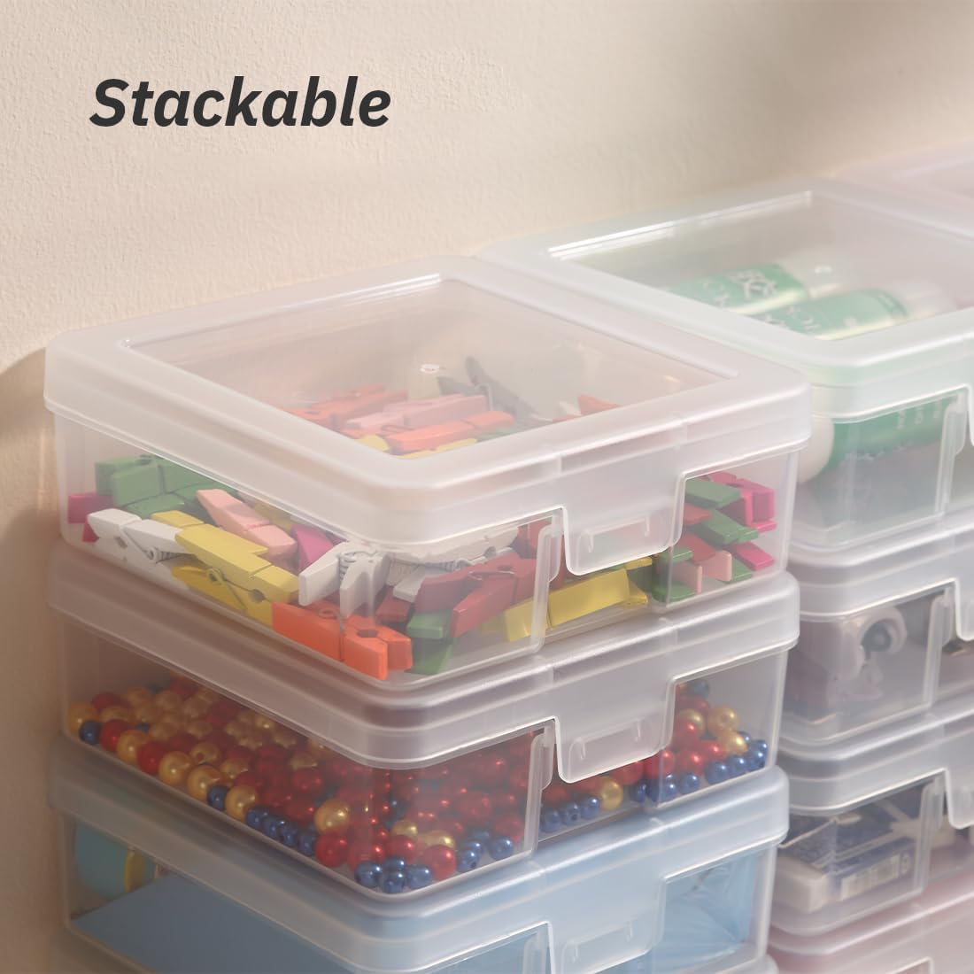 12 Pack Storage Containers with Latching Lid 5" x 5"x 1.9" Small Plastic Clear Stackable Boxes for Office and Beauty