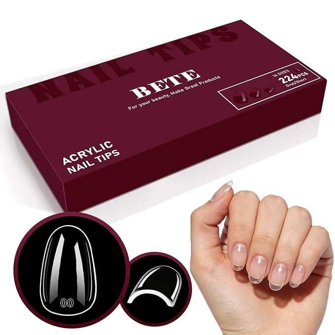 BETE Short Oval Nail Tips, 224Pcs 16 Sizes, Clear Acrylic Full Cover False Nails, Pre-Shaped, Strong & Thicker, Long Lasting Press on Nails for DIY at Home & Salon