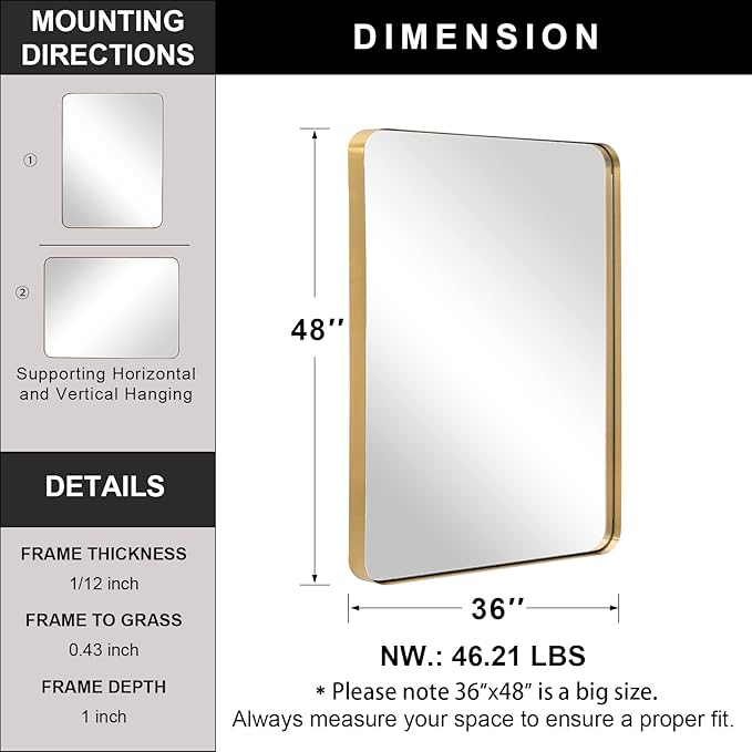 ANDY STAR 36”x48”Gold Bathroom Mirror for Wall, Brushed Brass Metal Rounded Corner Rectangle Mirror, Wall Mirror in Stainless Steel Metal Frame, 1”Deep Set Design Hangs Horizontal Or Vertical