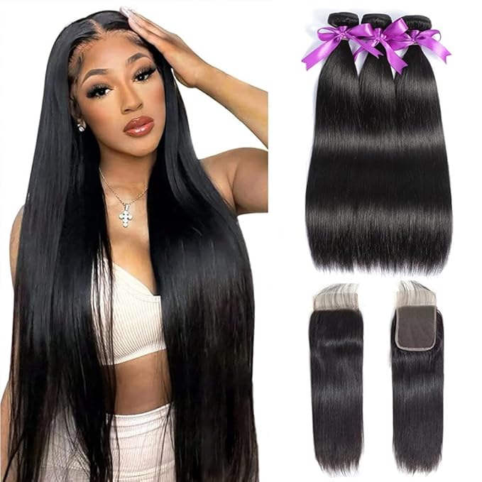 Straight Bundles with Closure Human Hair 12 14 16+10 Brazilian Human Hair Bundles with Closure Straight 100% Unprocessed Virgin Weave Hair Bundles with Lace Closure